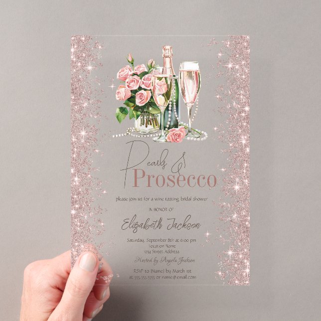 Rose Gold Confetti Pearls Prosecco Bridal Shower  Acrylic Invitations (Insitu (Handheld))