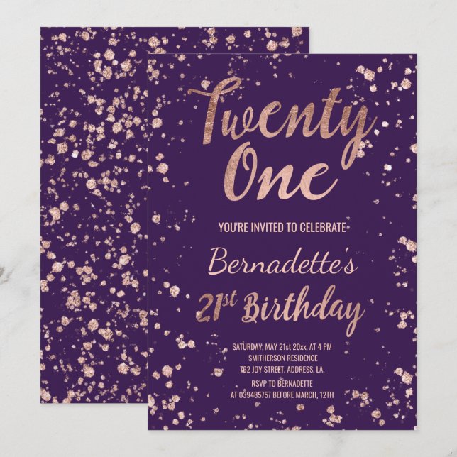 Rose gold confetti purple splatters 21st Birthday Invitation (Front/Back)