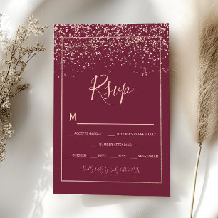 Rose gold confetti red burgundy typography rsvp card