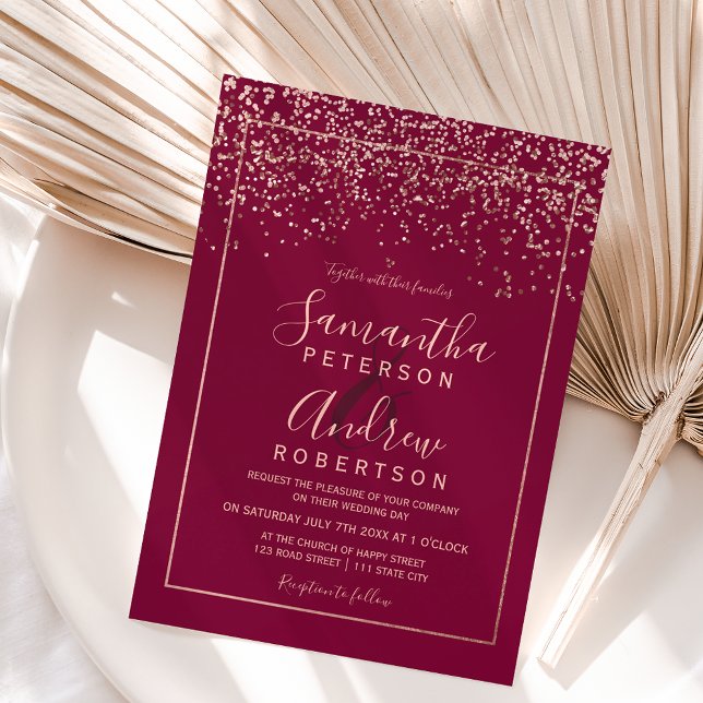 Rose gold confetti red burgundy typography wedding invitation (Creator Uploaded)