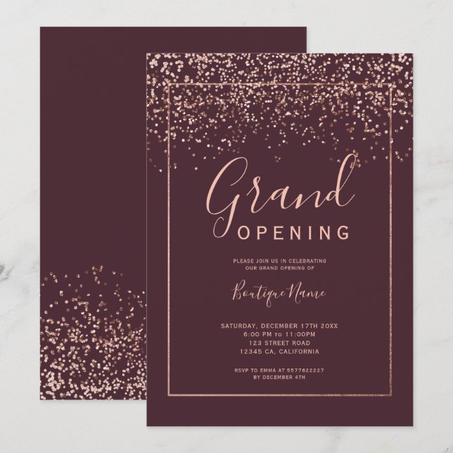 Rose gold confetti red typography grand opening invitation (Front/Back)