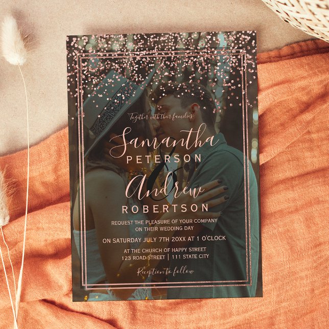 Rose gold confetti script border photo wedding invitation (Creator Uploaded)