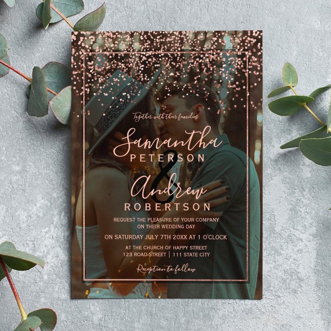 Rose gold confetti typography photo wedding invitation (Rose gold confetti typography photo wedding invitation)