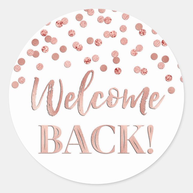 Rose Gold Confetti Welcome Back Round Sticker (Front)