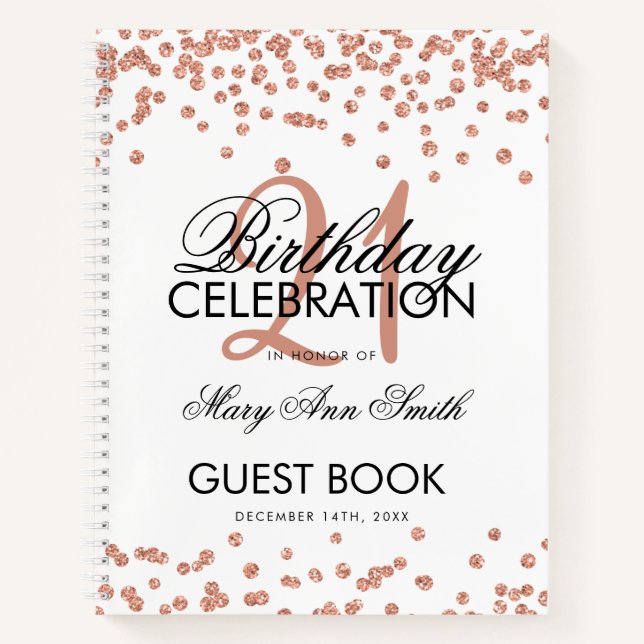 Rose Gold Confetti White 21st Birthday Guestbook Notebook (Front)