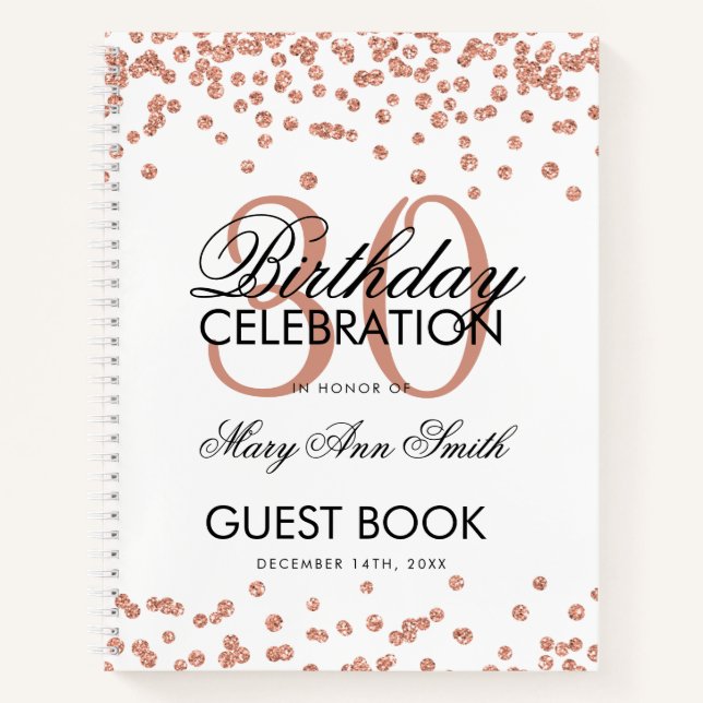 Rose Gold Confetti White 30th Birthday Guestbook Notebook (Front)