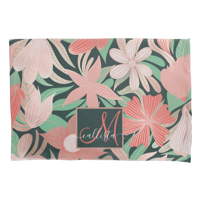 Rose Gold Coral Green Floral Leaves Monogram Pillowcase (Front)