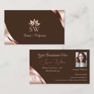 Rose Gold Corners Coffee Brown with Monogram Photo Business Card