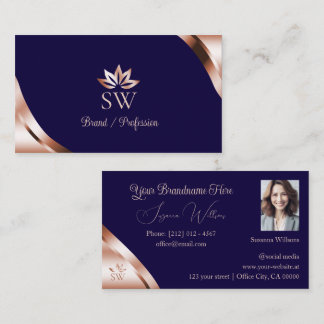 Rose Gold Corners Deep Blue with Monogram Photo Business Card