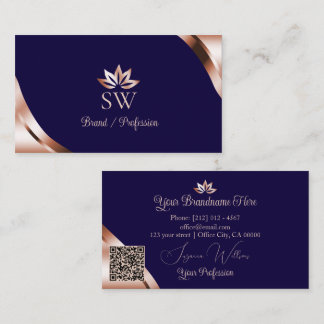 Rose Gold Corners Deep Blue with Monogram QR Code Business Card