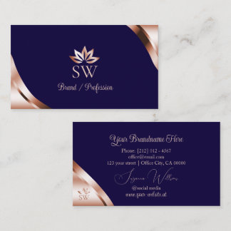 Rose Gold Corners on Deep Blue with Monogram Business Card