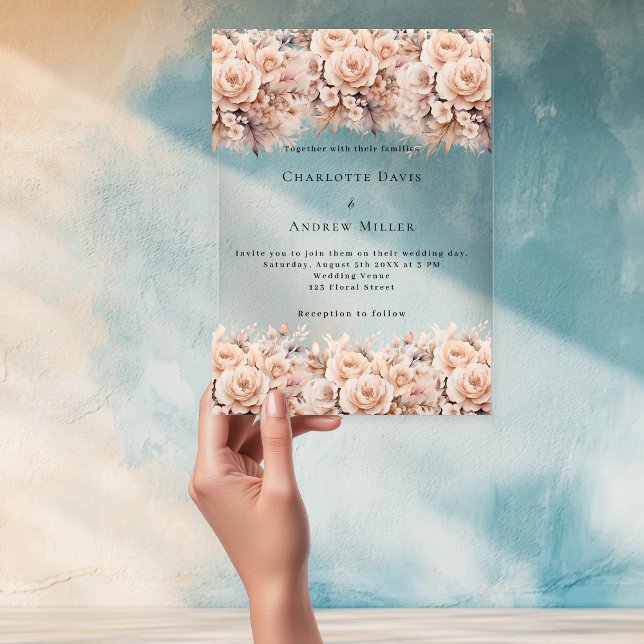 Rose gold cream florals clear wedding acrylic invitations (Creator Uploaded)