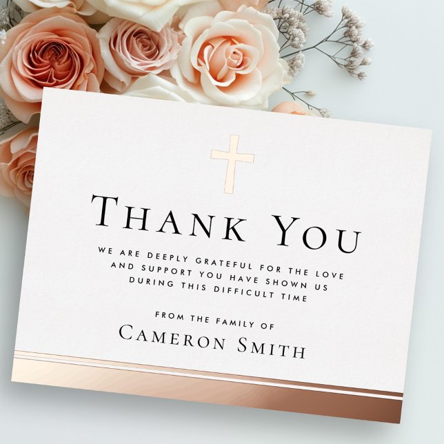 Rose gold cross and border sympathy thank you card (Rose gold cross and border sympathy thank you card)