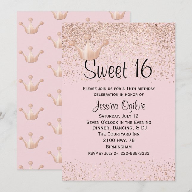Rose Gold Crown Pink Sweet 16 Birthday Invitation (Front/Back)