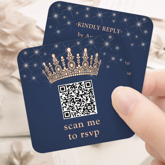 Rose Gold Crown QR Code RSVP Navy Blue Quinceañera Enclosure Card (Creator Uploaded)