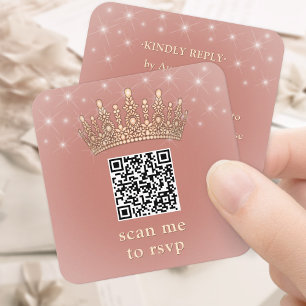 Rose Gold Crown Quinceañera Scan Me QR Code RSVP Enclosure Card