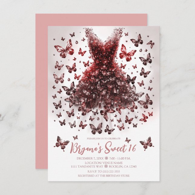 Rose Gold Crystal Butterfly Dress Invitation (Front/Back)