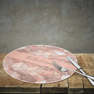 Rose gold cube marble family monogram script cutting board