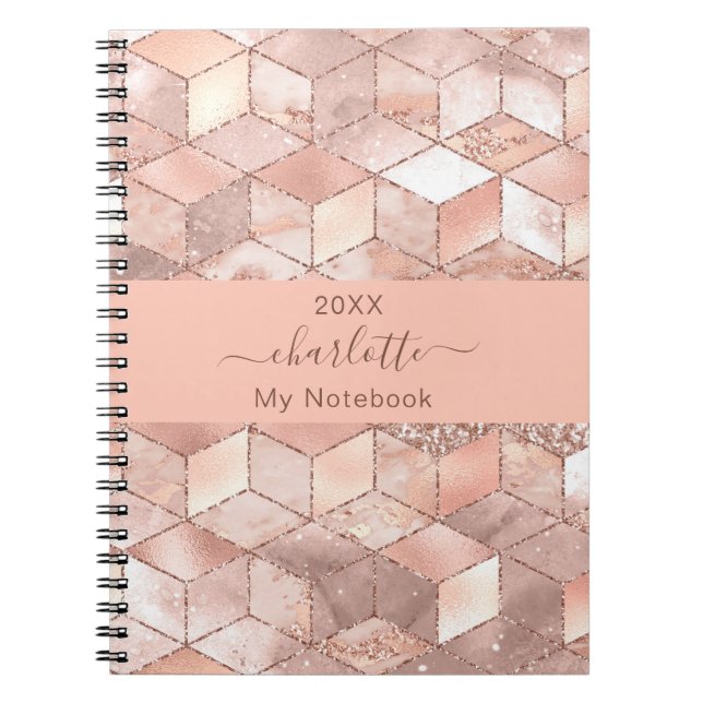 Rose gold cube marble name glitter script notebook (Front)