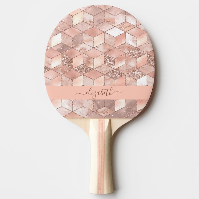 Rose gold cube marble name glittere script ping pong paddle (Front)