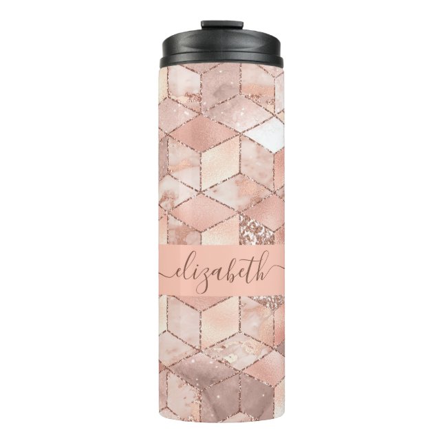 Rose gold cube marble name script thermal tumbler (Front)