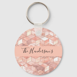 Rose gold cube pattern family monogram script keychain