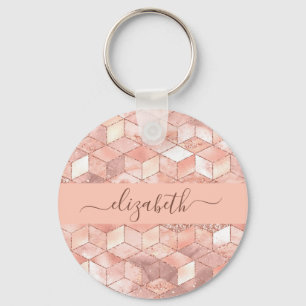 Rose gold cube pattern name monogram script keychain