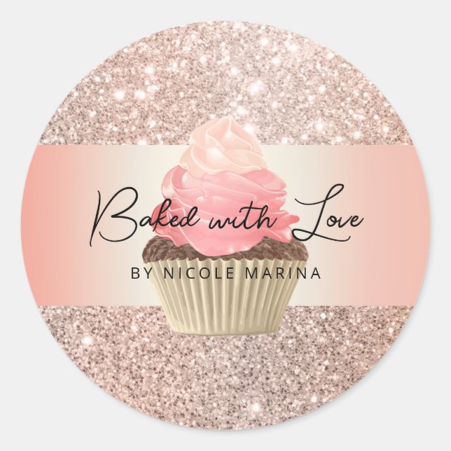 Rose Gold Cupcake Baked With Love Personalized Classic Round Sticker (Front)