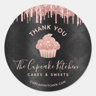 Rose Gold Cupcake Glitter Drips Bakery Black Chef Classic Round Sticker