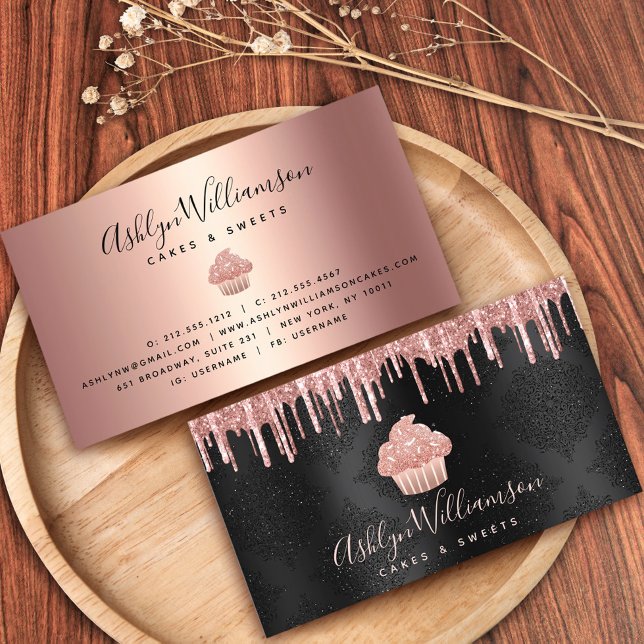Rose Gold Cupcake Glitter Drips Bakery Chef Black Business Card (Creator Uploaded)