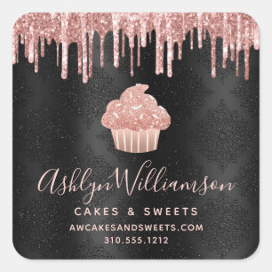 Rose Gold Cupcake Glitter Drips Bakery on Black Square Sticker