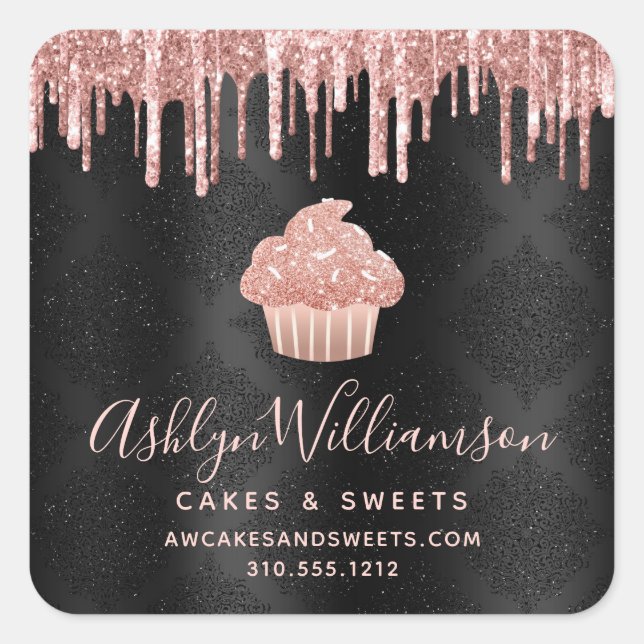 Rose Gold Cupcake Glitter Drips Bakery on Black Square Sticker (Front)