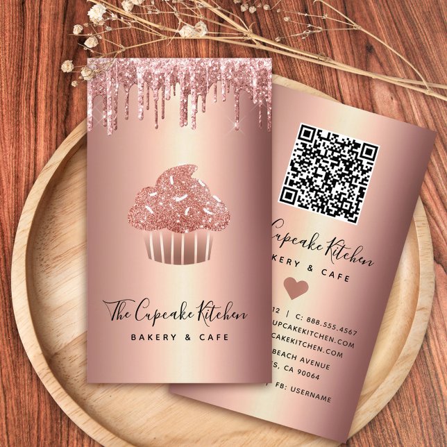 Rose Gold Cupcake Glitter Drips QR Code Bakery Business Card (Creator Uploaded)