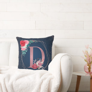 Rose Gold D Monogram Floral and Blue Throw Pillows