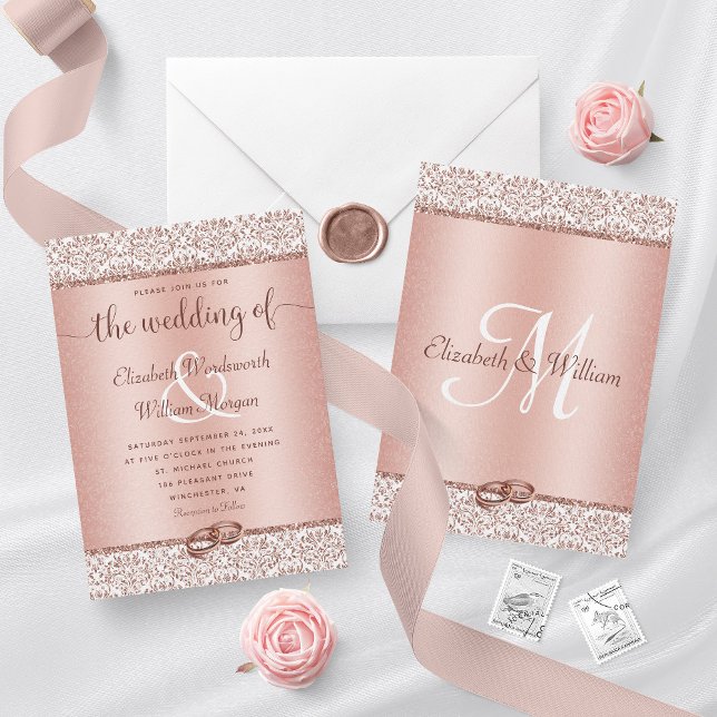 Rose Gold Damask Glitter Monogram Elegant Wedding Invitation (Creator Uploaded)