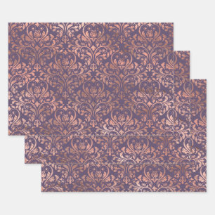 Rose Gold Damask on Purple Wrapping Paper Sheet
