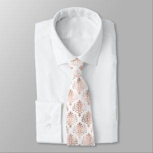 Rose Gold Damask Pattern on White Wedding Tie
