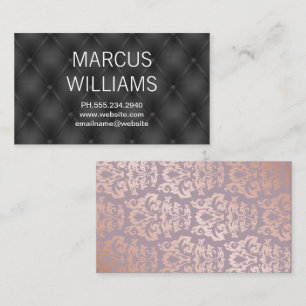 Rose Gold Damask Pattern Upholstered Leather Business Card