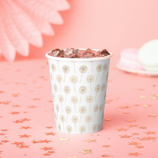 Rose gold dandelion wish white background paper cups (Insitu)