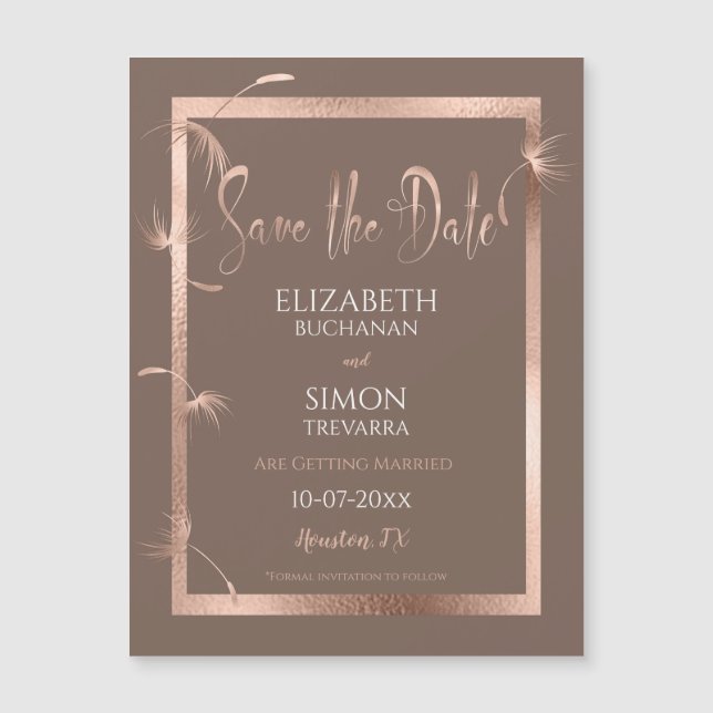 Rose Gold Dandelions and Chocolate Save the Date (Front)