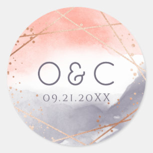 Rose Gold Dawn Watercolor Geometric monogram Classic Round Sticker