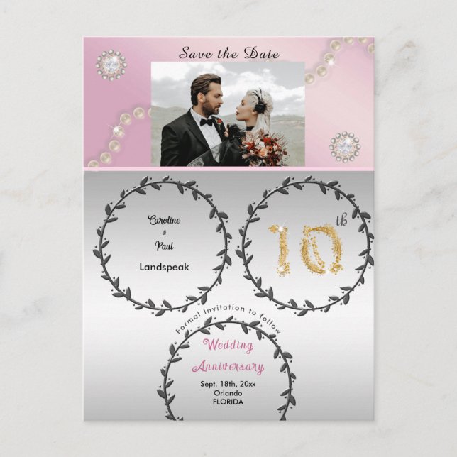 Rose Gold Diamond 10th Anniversary Save the Date Postcard (Front)