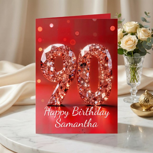 Rose Gold Diamond 90th Birthday Red Sparkle Card (Creator Uploaded)