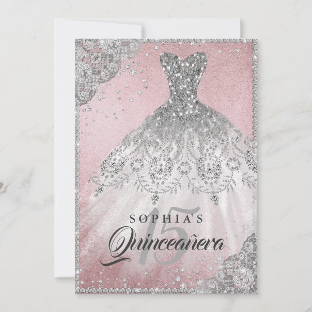 Rose Gold Diamond Lace Sparkle Gown Quinceanera Invitation (Front)