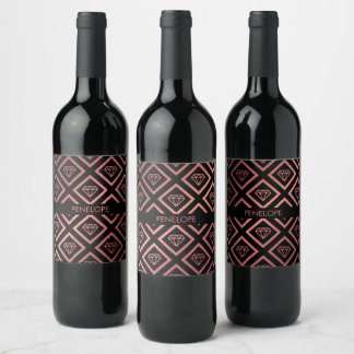 Rose Gold Diamond Pattern Wine Label