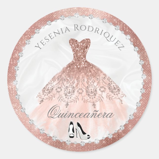 Rose Gold Diamond Sparkle Glam Quinceanera Classic Round Sticker (Front)