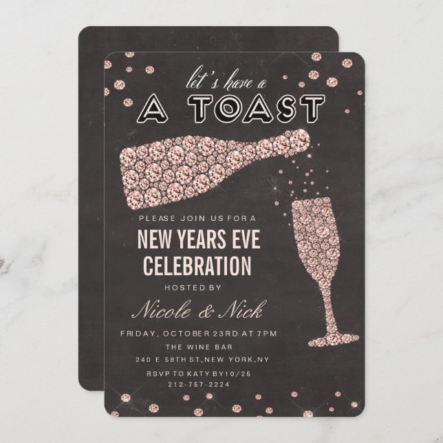 Rose Gold Diamond Wine New Years Eve Invitation (Front/Back)