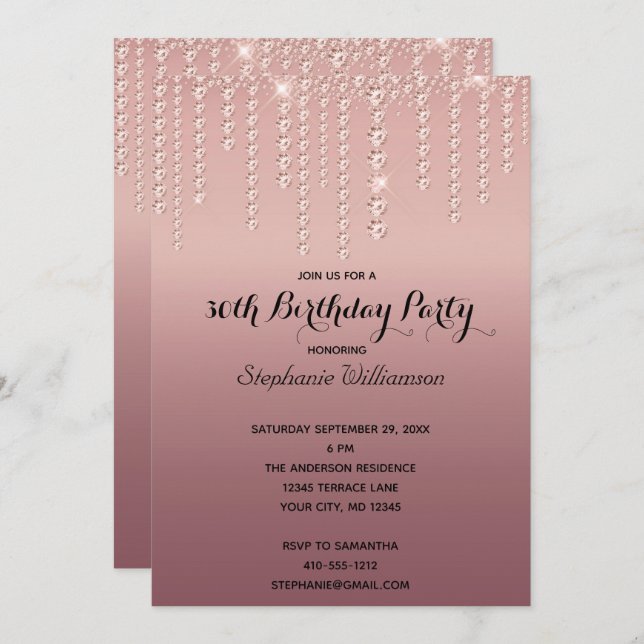 Rose Gold Diamonds Dripping Trendy Birthday  Invitation (Front/Back)