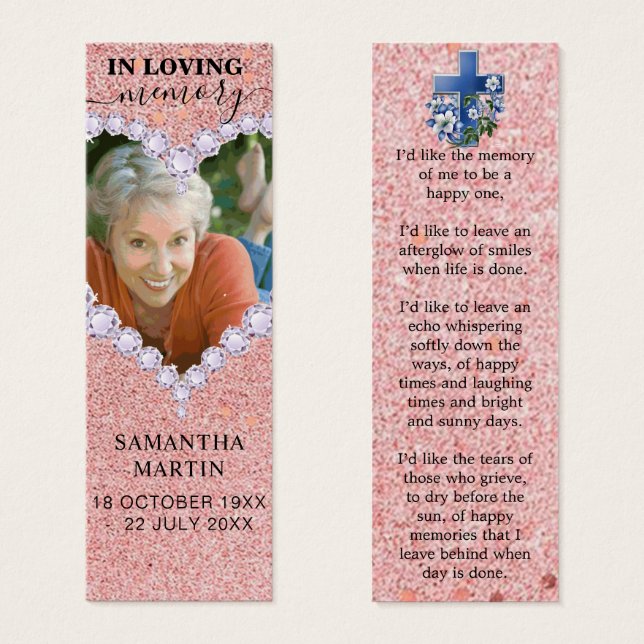 Rose Gold Diamonds Photo Memorial Funeral Bookmark (Front & Back)