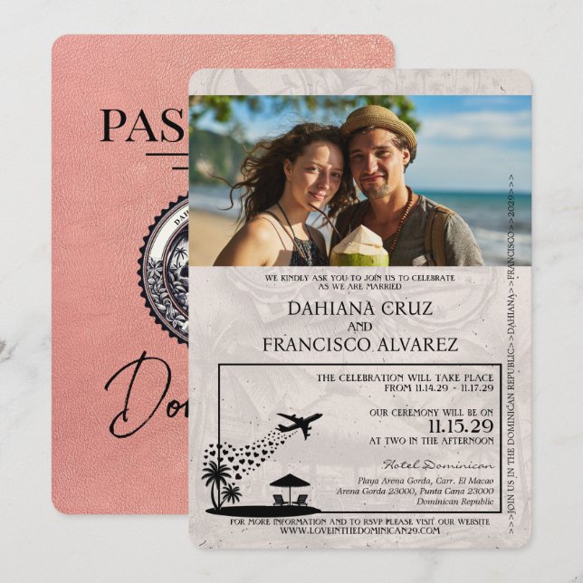 Rose Gold Dominican Republic Passport Wedding Invitation (Front/Back)